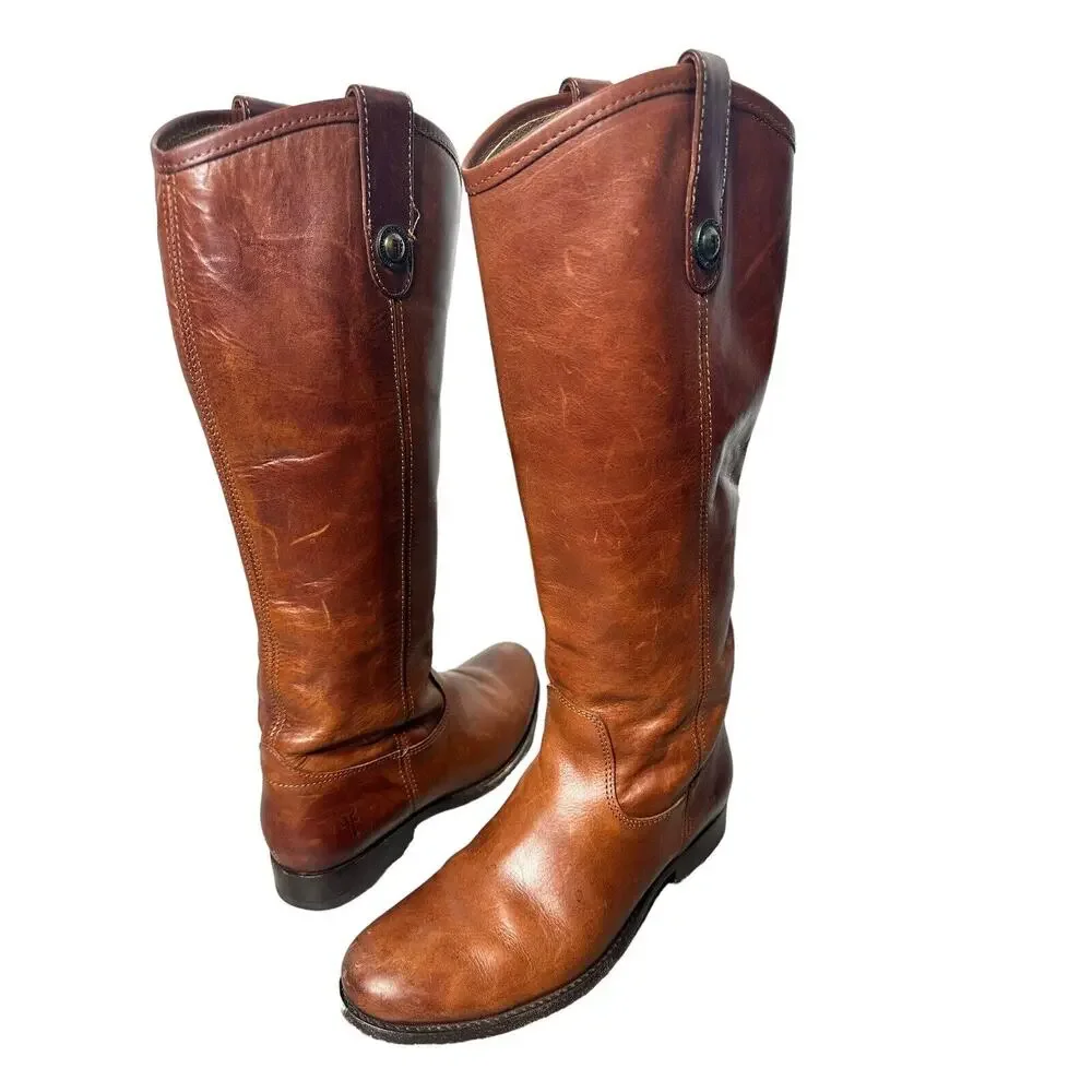 $298 Frye Melissa Button Cognac Riding Boot Brown Women Size 6.5 Tall Leather